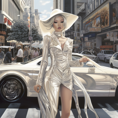 Femme, a beautiful fashion Vogue's female model Hajime Sorayama like, Lui Magazine, big chest, She is crossing a street in. photorealistic i